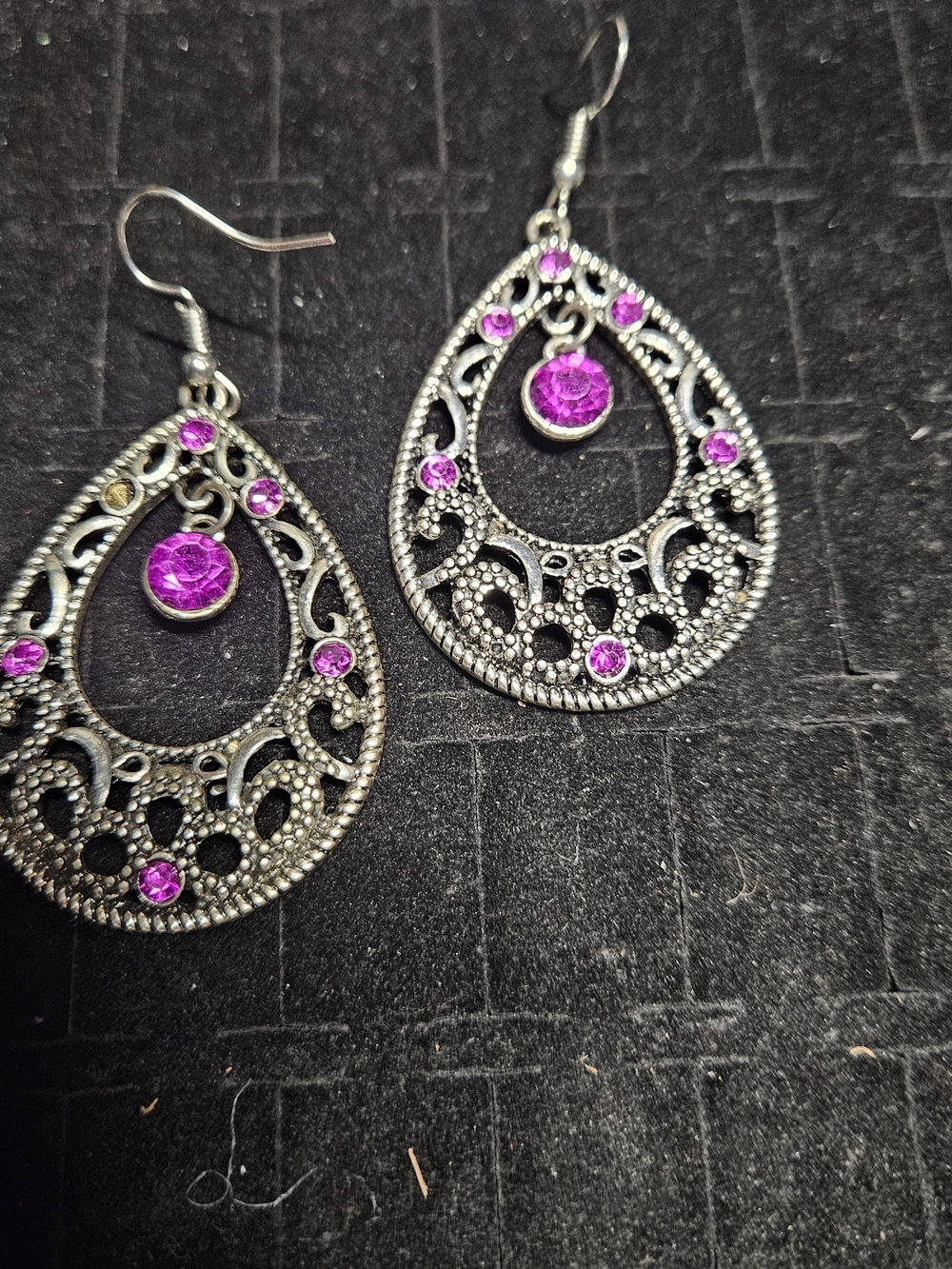 Filigree Teardrop Earrings with Purple Crystals